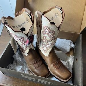 Ariat Tan and Cream Western Boots with Red Embroidery